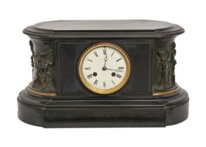 A late 19th c Belgian slate mantel clock, with enamel dial and bronze relief side panels, the