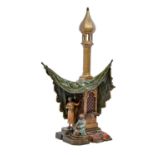 A cold painted Vienna bronze orientalist lamp, Bergman Foundry, 20th c, in the form of a Muezzin
