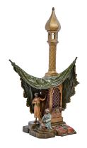 A cold painted Vienna bronze orientalist lamp, Bergman Foundry, 20th c, in the form of a Muezzin