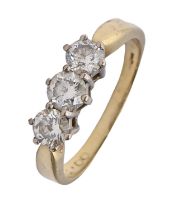 A diamond ring, with three modified old cut diamonds in 18ct gold, 4g, size O Good condition