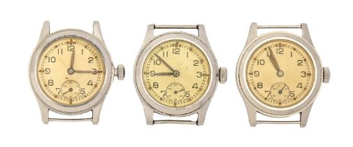 Three British Military Issue stainless steel wristwatches, 31mm diam, marked on caseback Broad Arrow