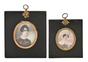 English School, 19th c - Two Portrait Miniatures of Ladies, ivory, oval, 55 and 70mm, papier mache