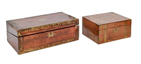 A Victorian brass mounted walnut writing box, 30cm w and another in mahogany, 45cm w Walnut box with