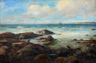 F.J. Wright, late 19th/early 20th c - Children by the Coast, signed, oil on canvas, 51 x 76cm Slight
