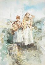 Gordon King (1939 - ) - Two Fishergirls, signed, watercolour, 54.5 x 37.5cm and a print (2)