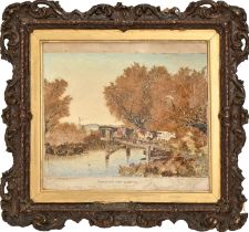 A Victorian landscape collage, indistinctly signed Constance... and inscribed, watercolour, cut