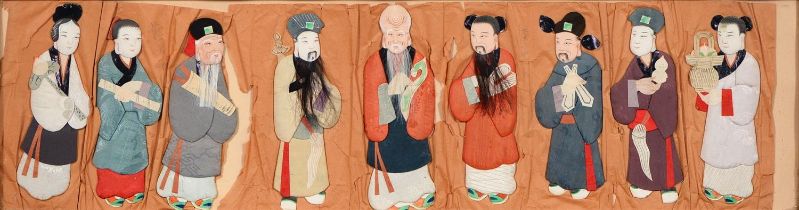 A set of Chinese padded silk, gouache, paper collage and hair figures of immortals, including