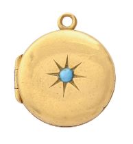 A Victorian gold locket, with a split turquoise, gypsy set, 21mm diam, 6g Good condition, no