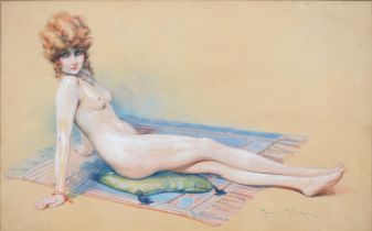 Maurice Milliere (1871–1946) - Study of a Reclining Nude, signed, watercolour and pencil, picked-out