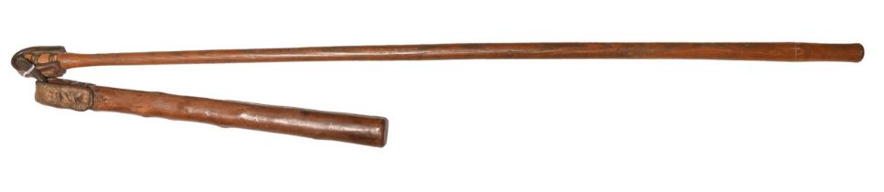 A 19th c threshing flail, with ash handle and leather thong, 195cm l