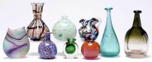 Miscellaneous studio glass, including scent bottle by Lone Thorkelsson, signed, 10cm h, millefiori