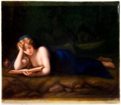 A Berlin plaque, c1900, painted by A Jahn, signed, after Correggio, with St Mary Magdalene, 34 x