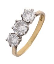 A three stone diamond ring, with round brilliant cut diamond in 18ct gold, London 1984, 3g, size O