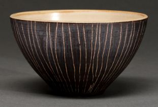Studio Ceramics. Bowl, thrown stoneware and brown-black slip with incised lines, 13.5cm diam,