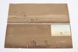 Three Views of Egypt, watercolour, depicting figures walking and riding camels.