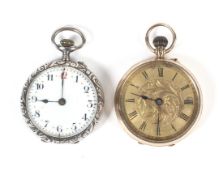 A 9ct gold open faced pocket watch and a silver fob.
