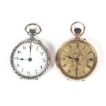 A 9ct gold open faced pocket watch and a silver fob.