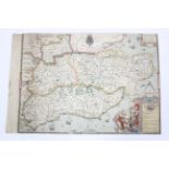 After Christopher Saxton, a hand coloured engraved map of Kent, Sussex, Surrey and Middlesex.