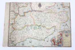 After Christopher Saxton, a hand coloured engraved map of Kent, Sussex, Surrey and Middlesex.