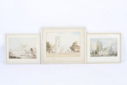 Three framed 19th century watercolours. Comprising: two views of churches and an Italian ruin.