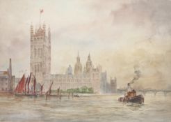 Maurice Randall (1865-1950), A view of Westminster from the Thames, watercolour on card.