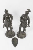 A pair of bronzed spelter figures of a knight and a king. Probably French, 20th century.