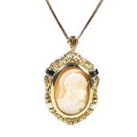 A gold mounted cameo pendant depicting a Grecian soldier.