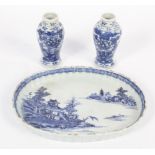 A Chinese Export porcelain dish and a pair of miniature baluster vases, Qing Dynasty.