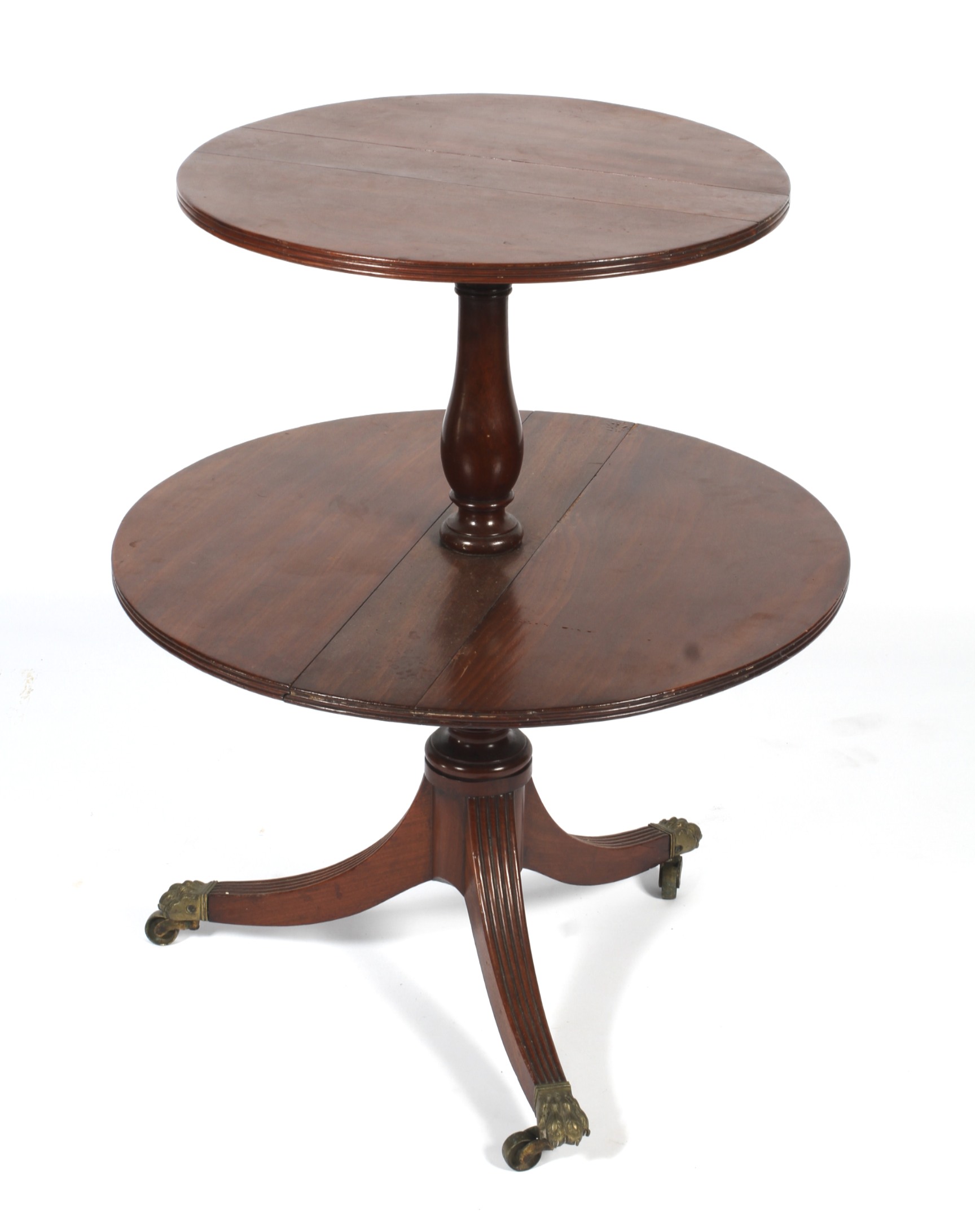 An Edwardian mahogany two tier pedestal dumb waiter with dropleaf tiers.