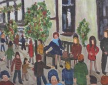 20th Century School, in the manner of Fred Yates (1922-2008), A Busy Street Scene, oil on board.