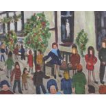 20th Century School, in the manner of Fred Yates (1922-2008), A Busy Street Scene, oil on board.