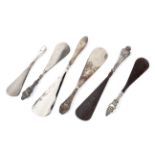 A collection of six silver and white metal handled shoe horns, 19th century and later.