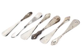 A collection of six silver and white metal handled shoehorns, 19th century and later.