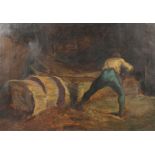 Attributed to Frederic Charles Winby (1875-1959), figures sawing logs in a barn.