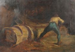 Attributed to Frederic Charles Winby (1875-1959), figures sawing logs in a barn.