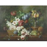 Thomas Webster, (20th Century), still life depicting a basket of flowers and a tazza of fruit,