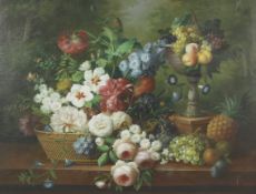 Thomas Webster, (20th Century), still life depicting a basket of flowers and a tazza of fruit,