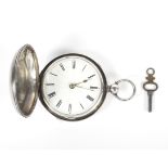 A full hunter silver pocket watch, The white enamel dial with Roman numerals,