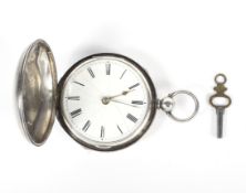 A full hunter silver pocket watch, The white enamel dial with Roman numerals,