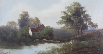 W Haines (late 19th/early 20th Century School), Mill in Wooded River Landscape, oil on canvas.