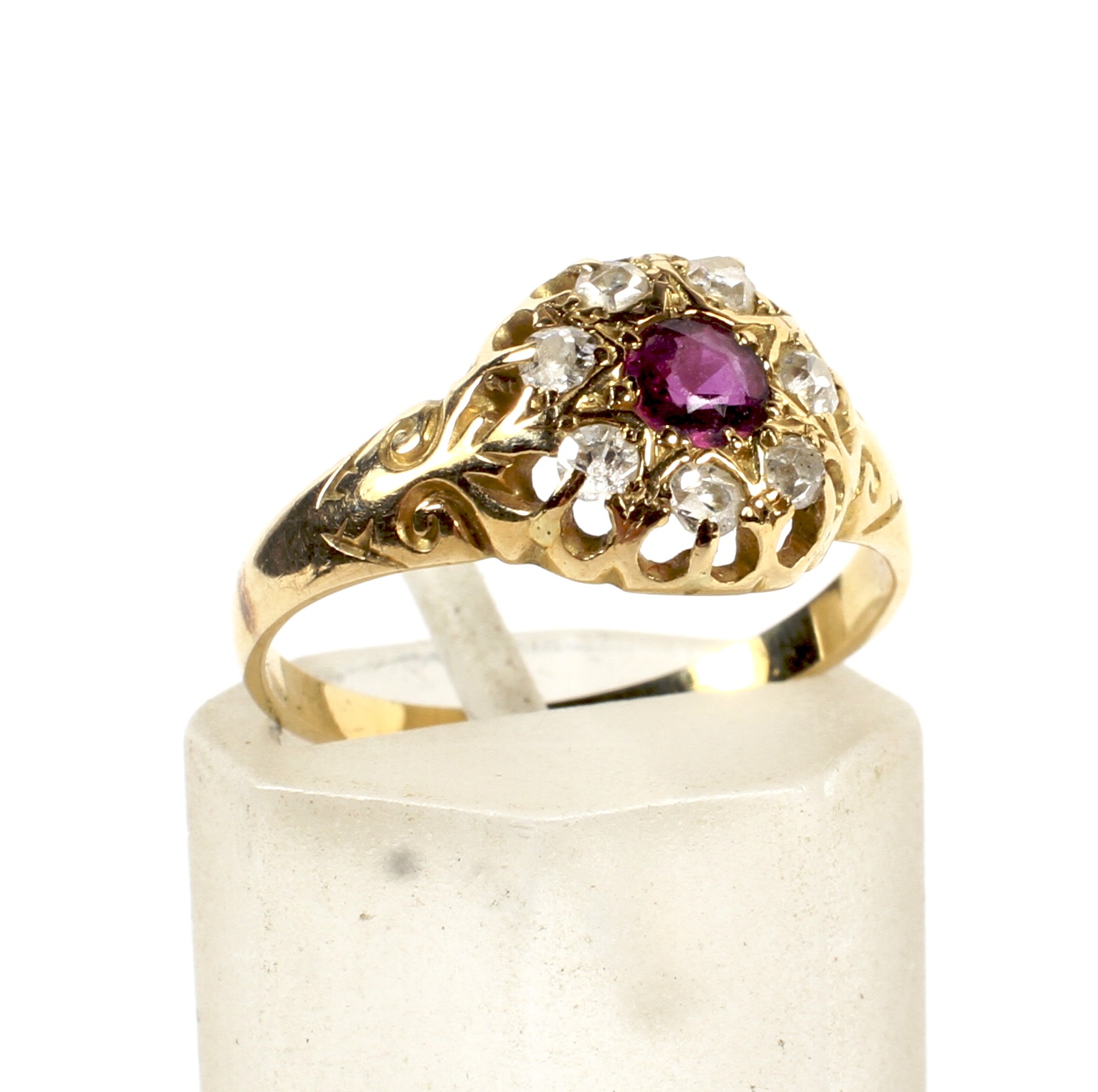 A WWI yellow metal ruby and diamond dress ring.