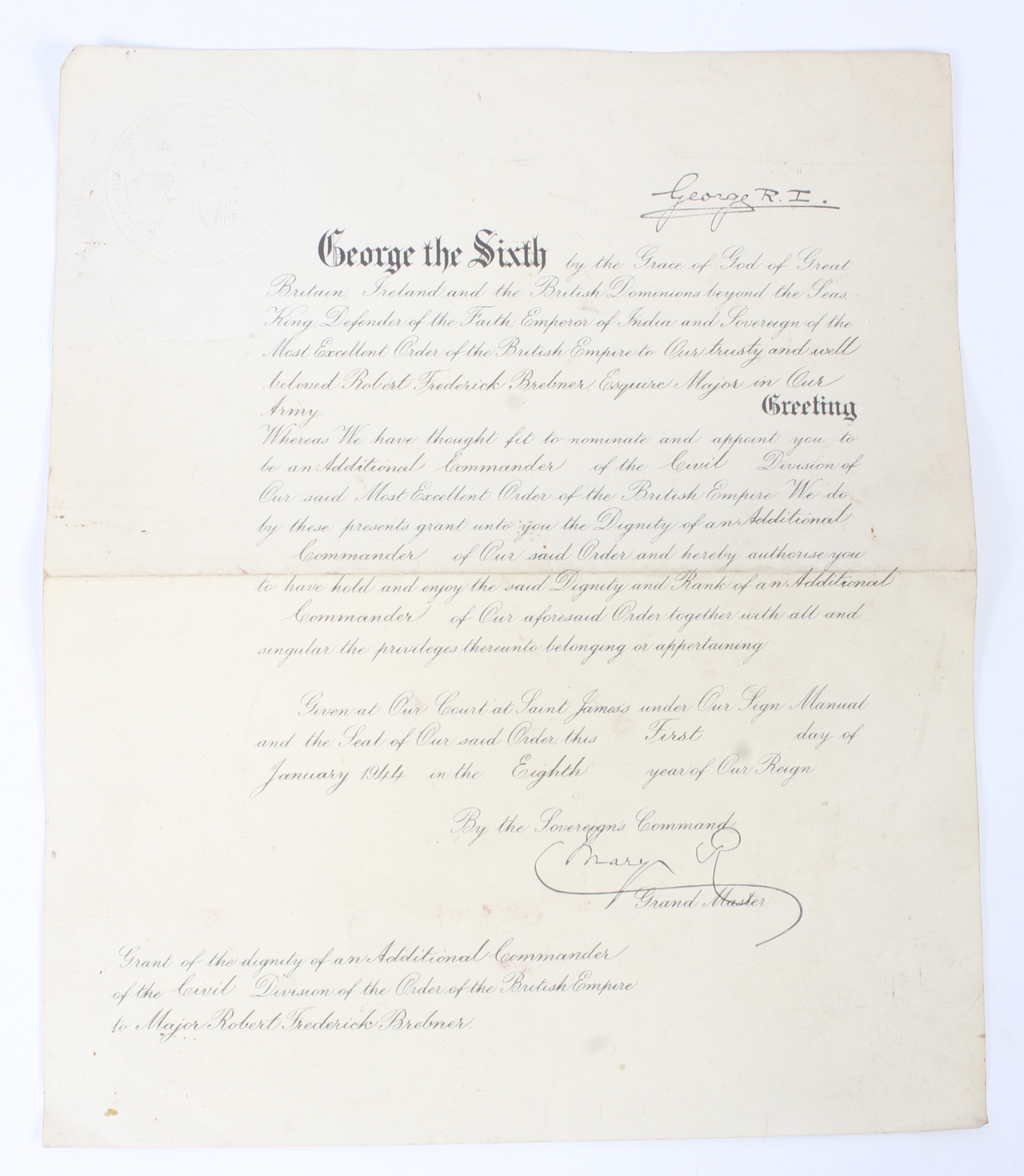 An official charter relating to Major Robert Frederick Brelmer