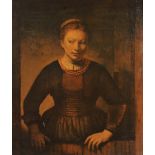 A lacquered print on board of a portrait of lady after Rembrandt, within giltwood frame.