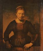 A lacquered print on board of a portrait of lady after Rembrandt, within giltwood frame.