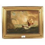 A signed oil on canvas depicting marine scene ships under sail.