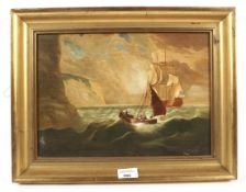 A signed oil on canvas depicting marine scene ships under sail.