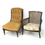 A bergere chair and a mahogany framed nursing chair.