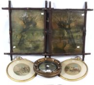 A convex gilt circular framed wall mirror with a pair of watercolours and two prints.