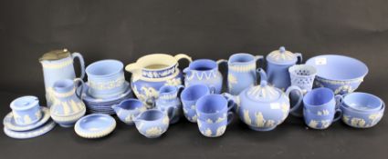 A collection of blue and white jasperware.