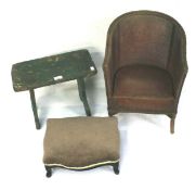 A vintage child's chair, stool, and a foot stool.